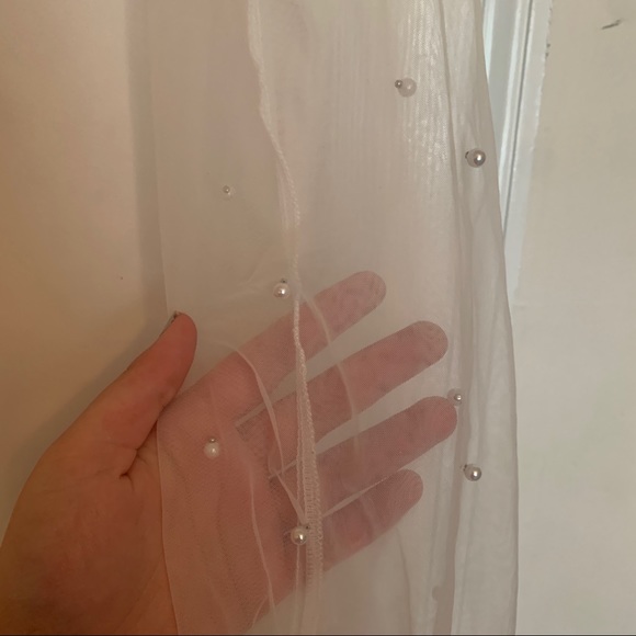 SHEIN WHITE BLOUSE SHEER SLEEVES PEARL DERAIL - Picture 3 of 3